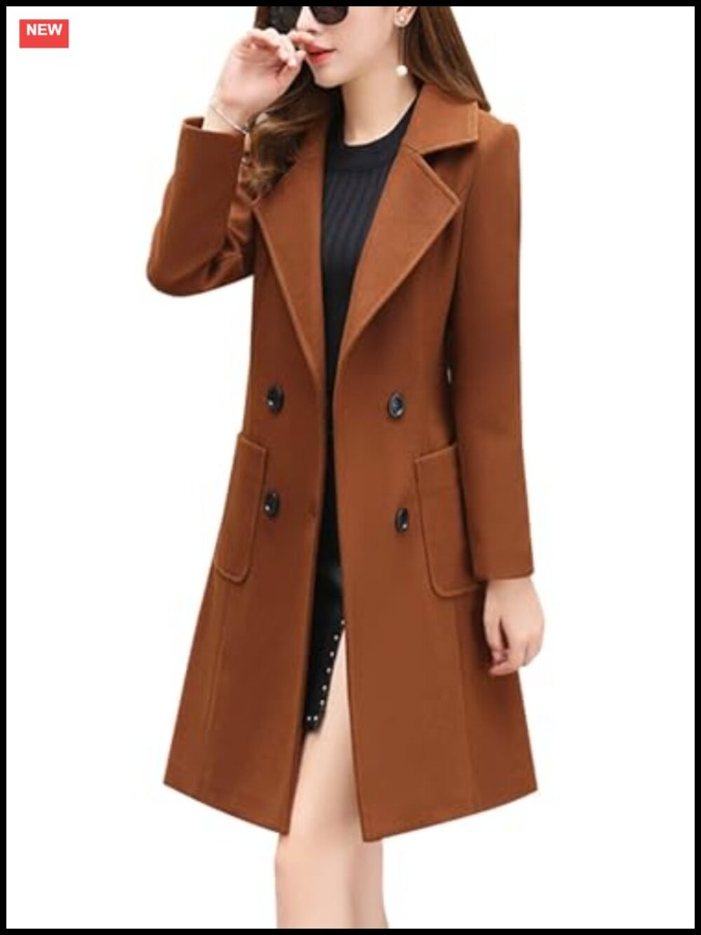 Wool Blend Overcoat Double Breasted Notch Lapel Knee Length